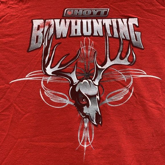 Vintage Hoyt Bowhunting T-Shirt Red Double Sided Y2K Made in USA Small Anvil - Picture 4 of 5